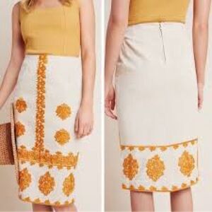 Anthropologie Cream and Orange Verona Embroidered Pencil Skirt